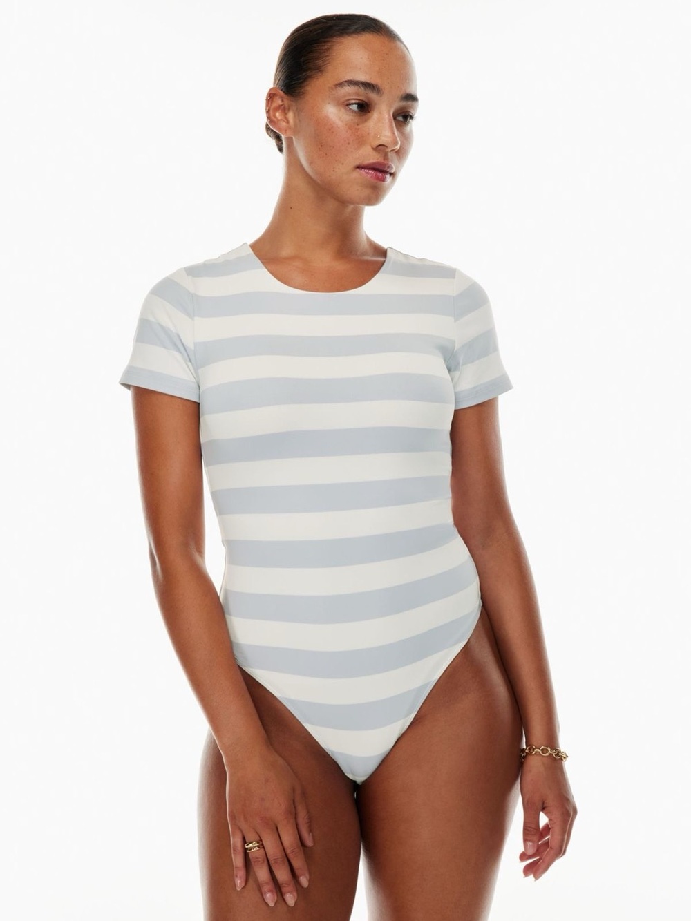 Aritzia Babaton Contour Crew Short Sleeve Bodysuit – Blue & White Stripe Large - Picture 3 of 8